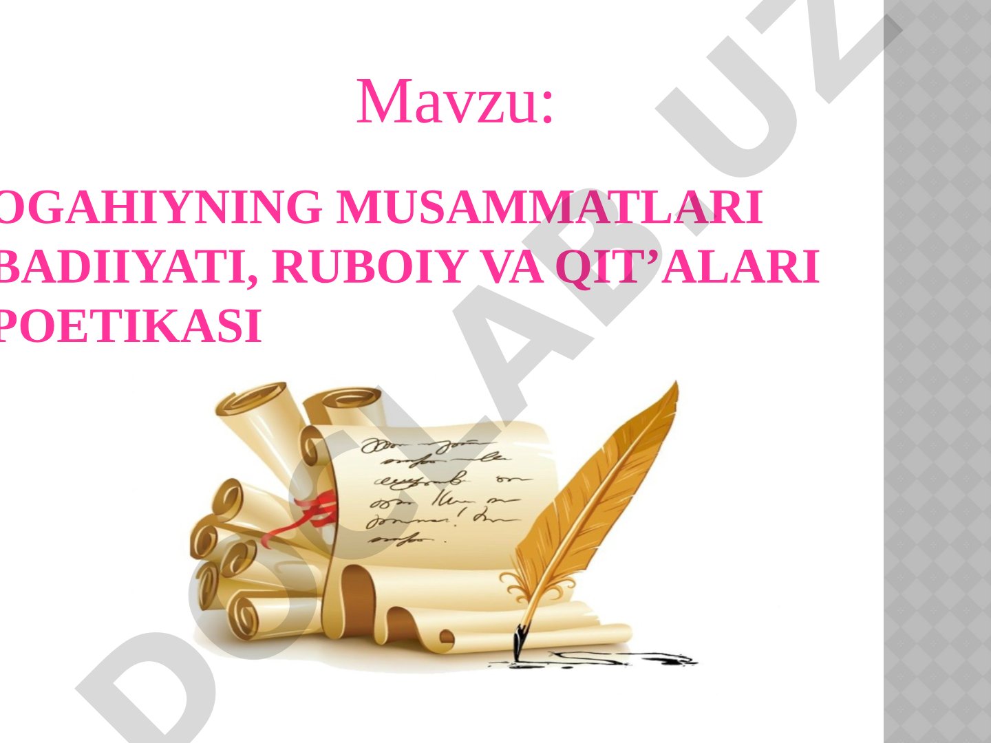 Ogahiyning musammatlari badiiyati, ruboiy va qit’alari poetikasi