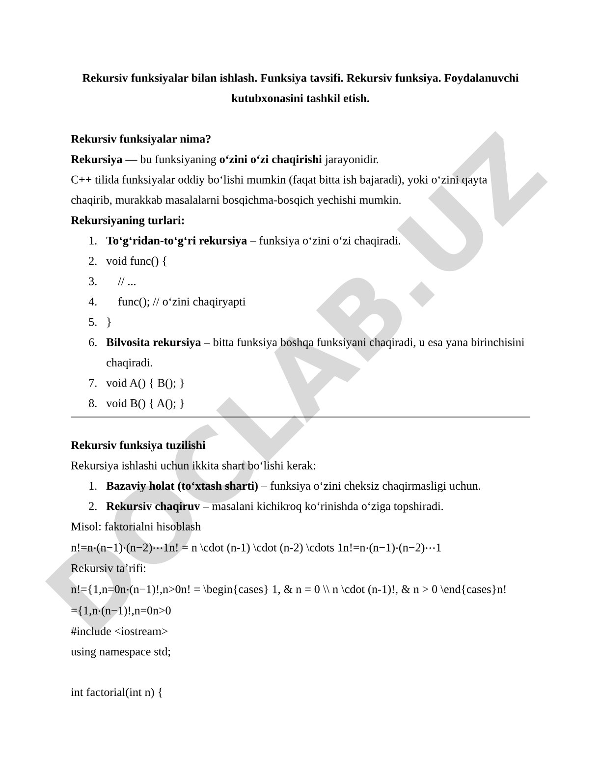 Rekursiv funksiyalar bilan ishlash