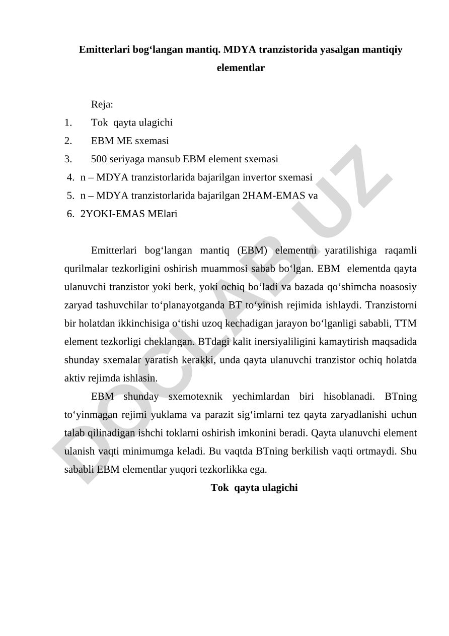 Emitterlari bog‘langan mantiq elementlari va ularning tezkorligi
