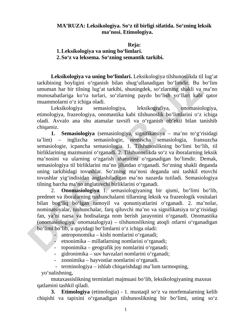 Leksikologiya. So‘z til birligi sifatida. So‘zning leksik ma’nosi. Etimologiya