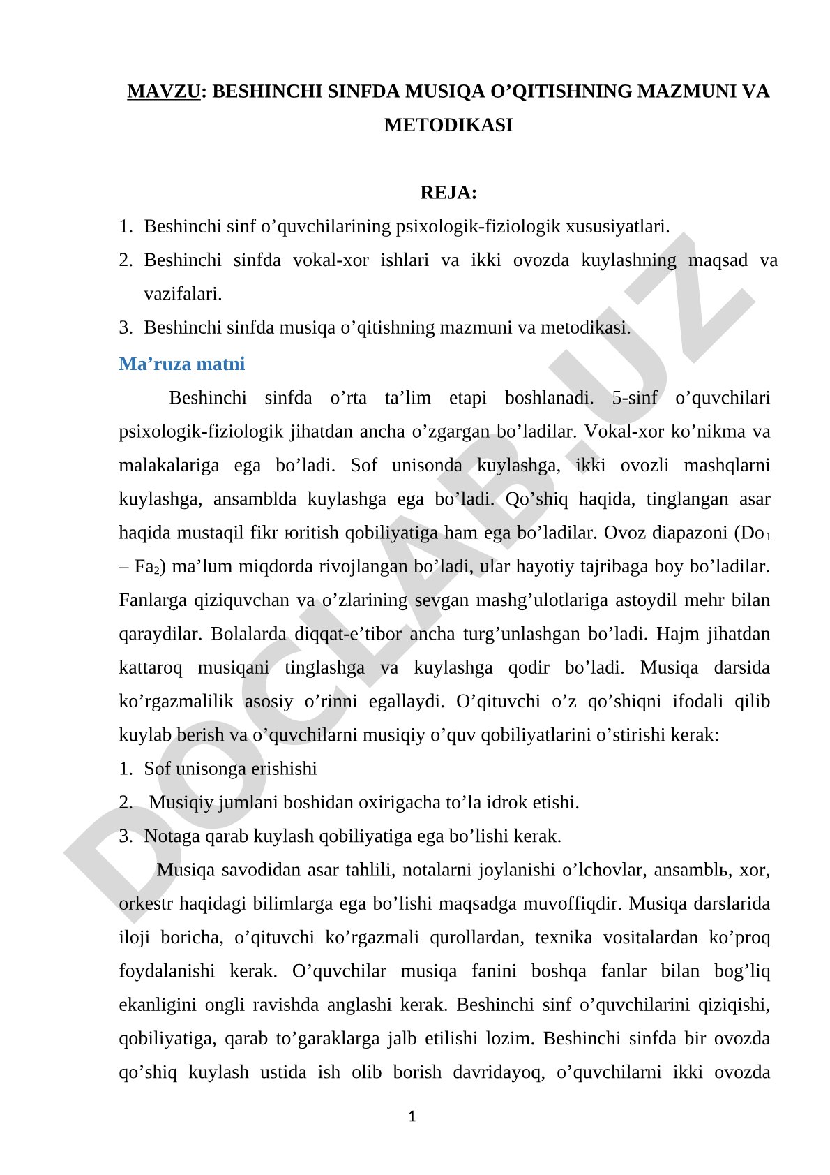Beshinchi sinfda musiqa o'qitishning mazmuni va metodikasi