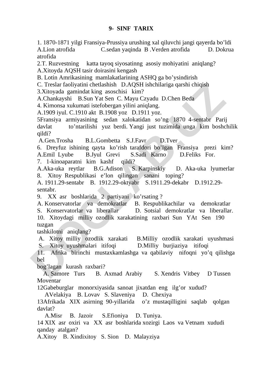 9-sinf tarix fanidan test savollari