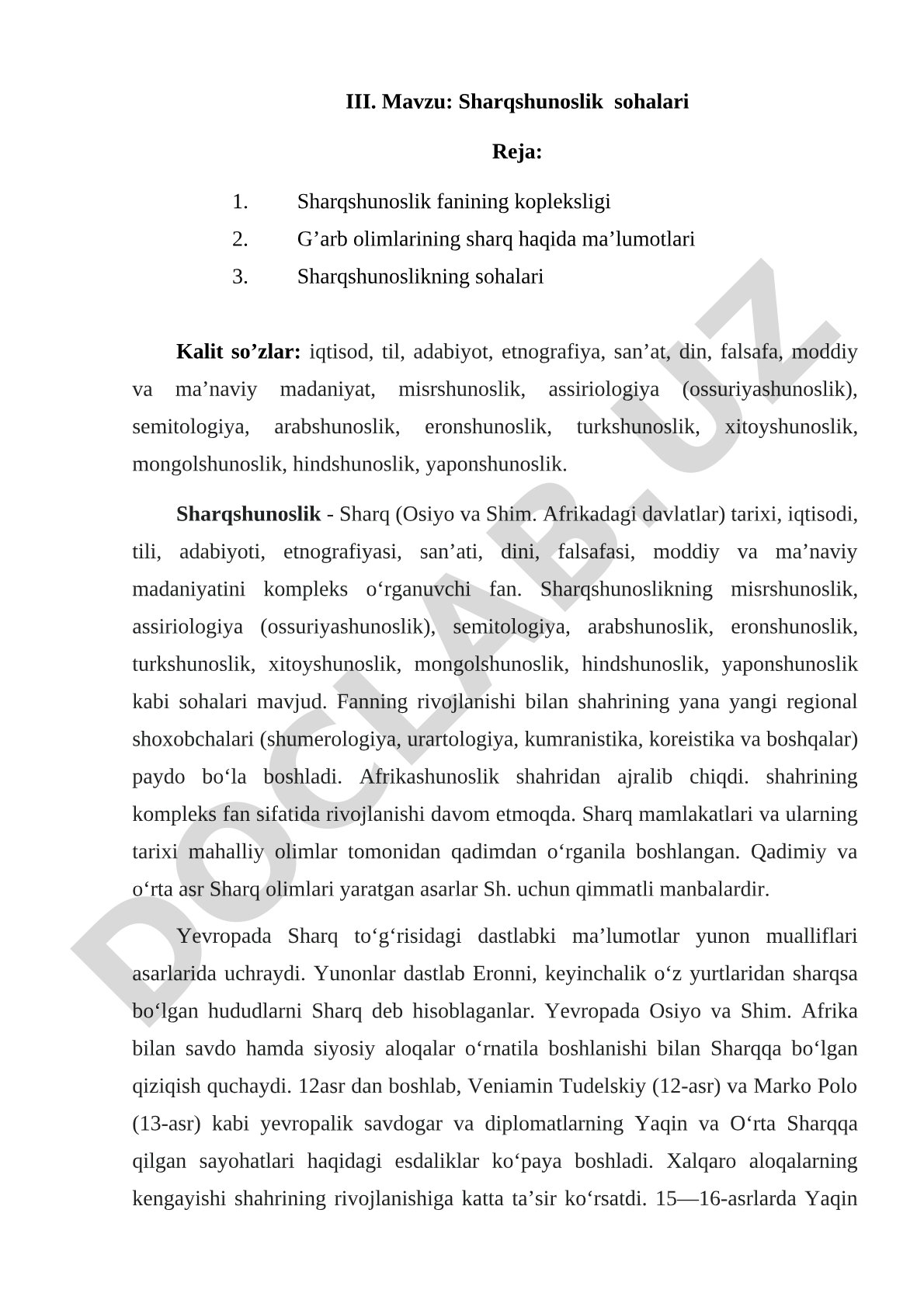Sharqshunoslik sohalari