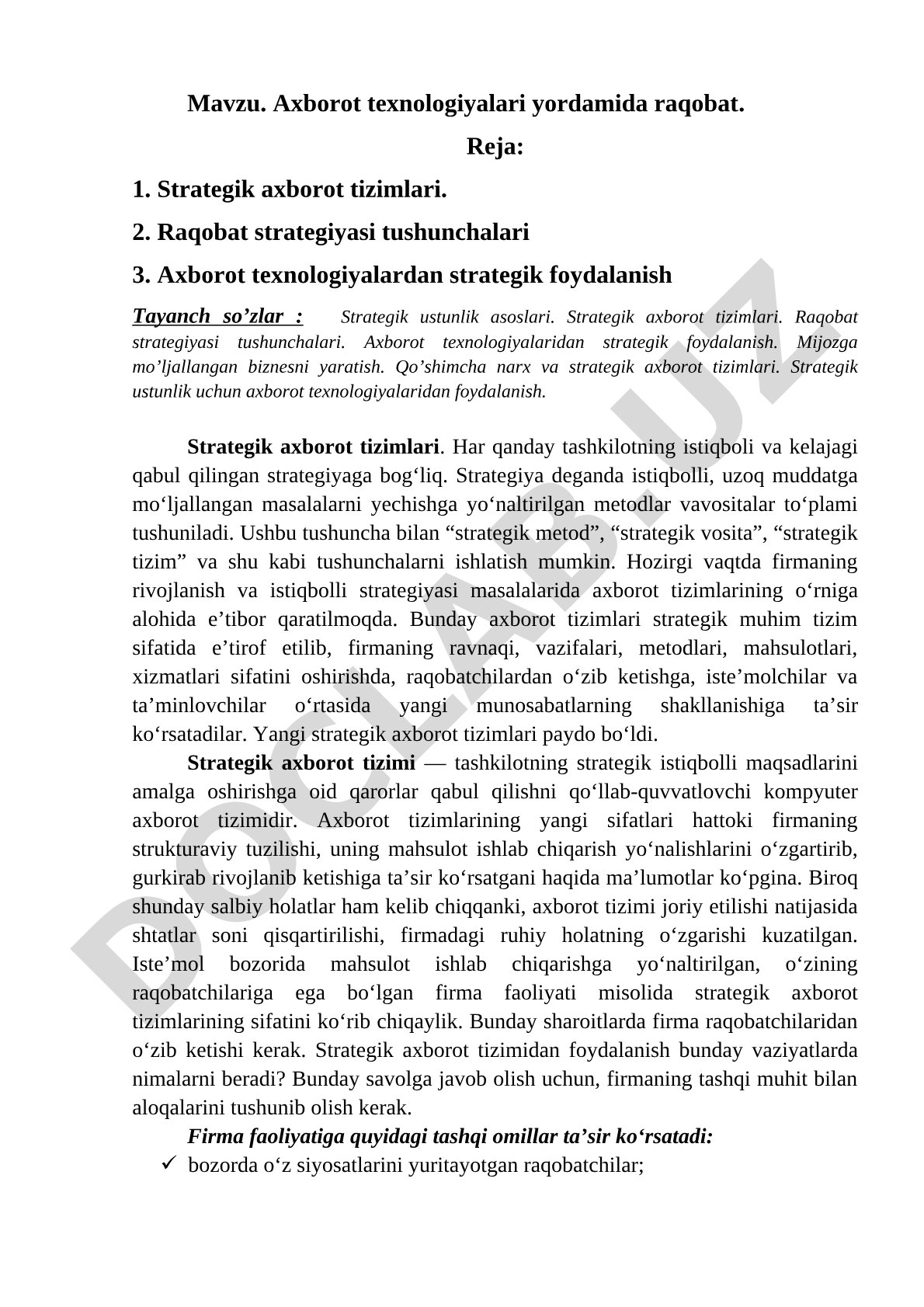 Raqobat strategiyasi kurs ishi