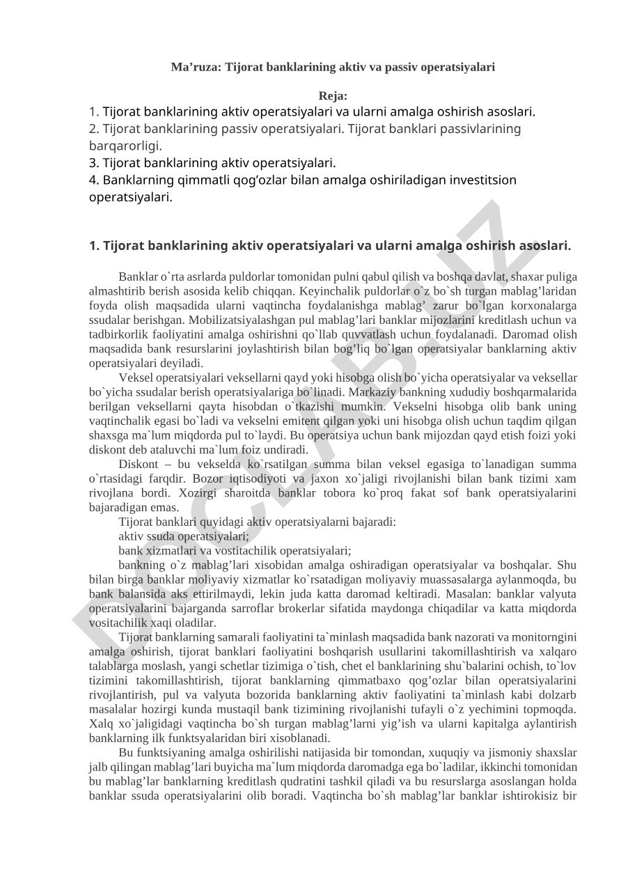 Tijorat banklarining aktiv va passiv operatsiyalari
