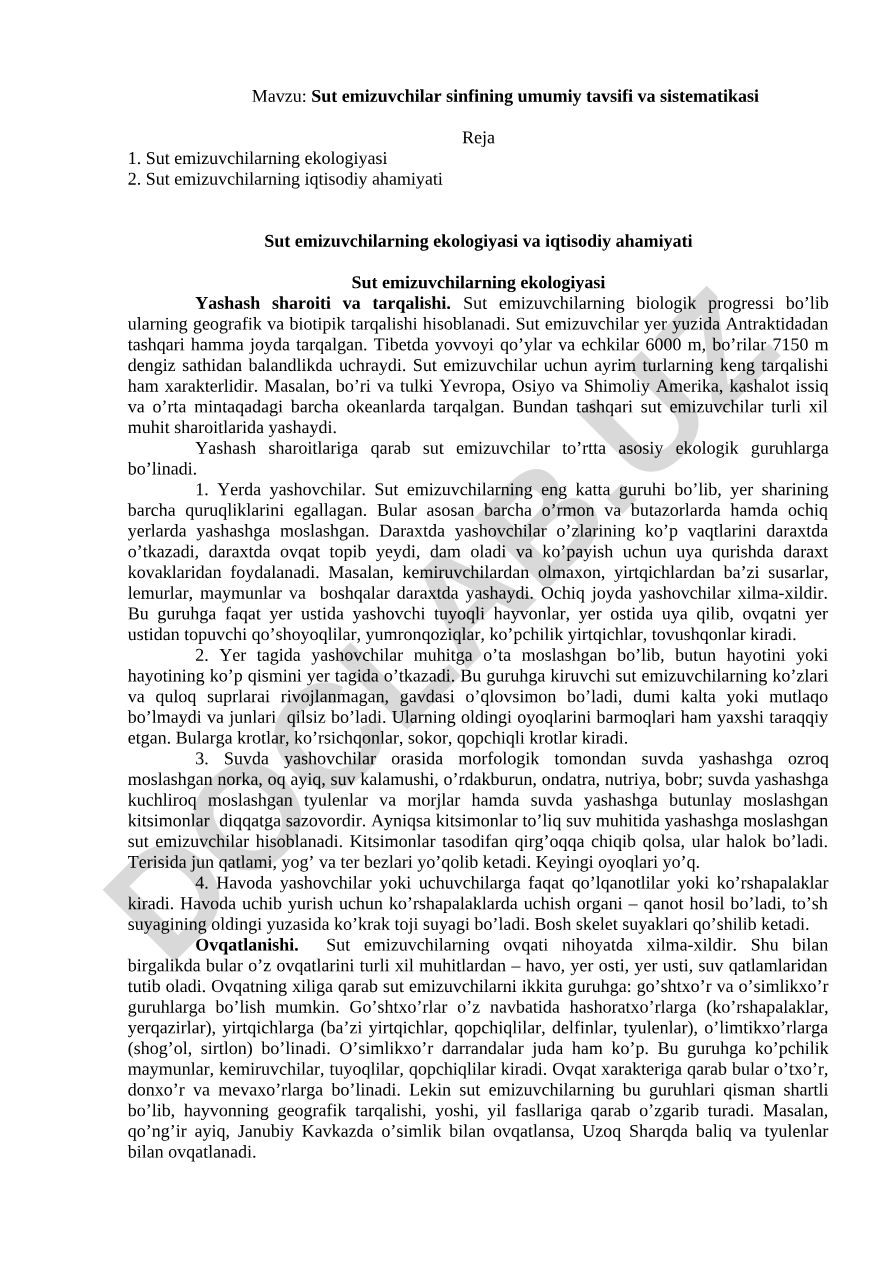 Sut emizuvchilar sinfining umumiy tavsifi va sistematikasi