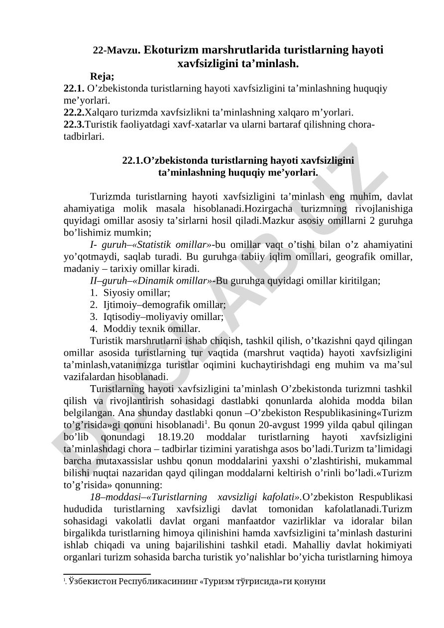 Ekoturizm marshrutlarida turistlarning hayoti xavfsizligini ta'minlash