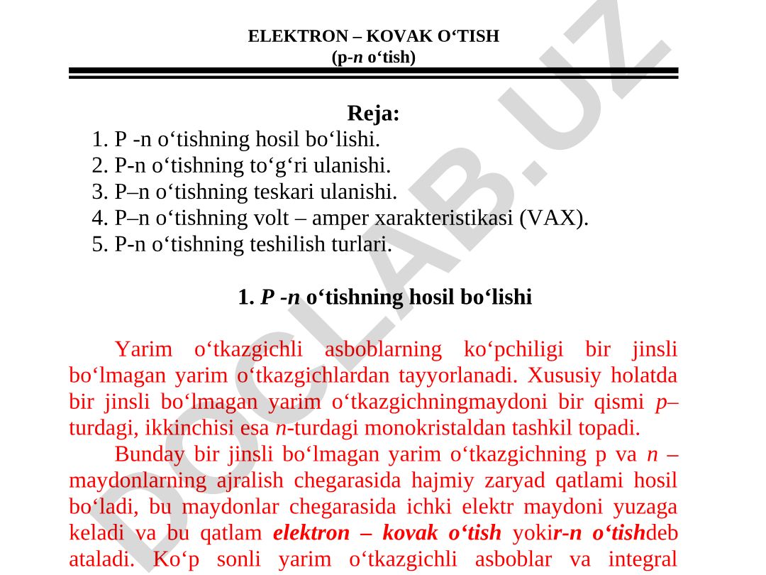 Elektron-kovak o'tish (p-n o'tish)