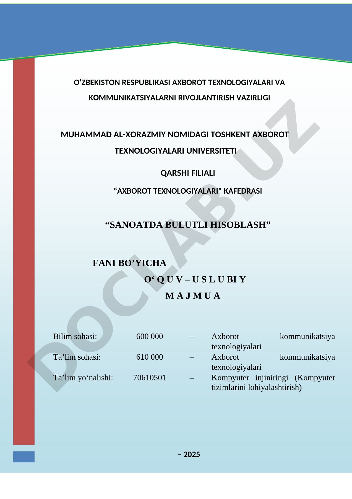 Sanoatda bulutli hisoblash fanidan o'quv-uslubiy majmua