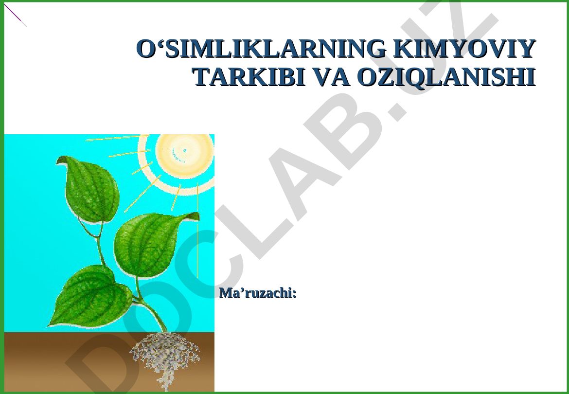 O‘simliklarning kimyoviy tarkibi va oziqlanishi