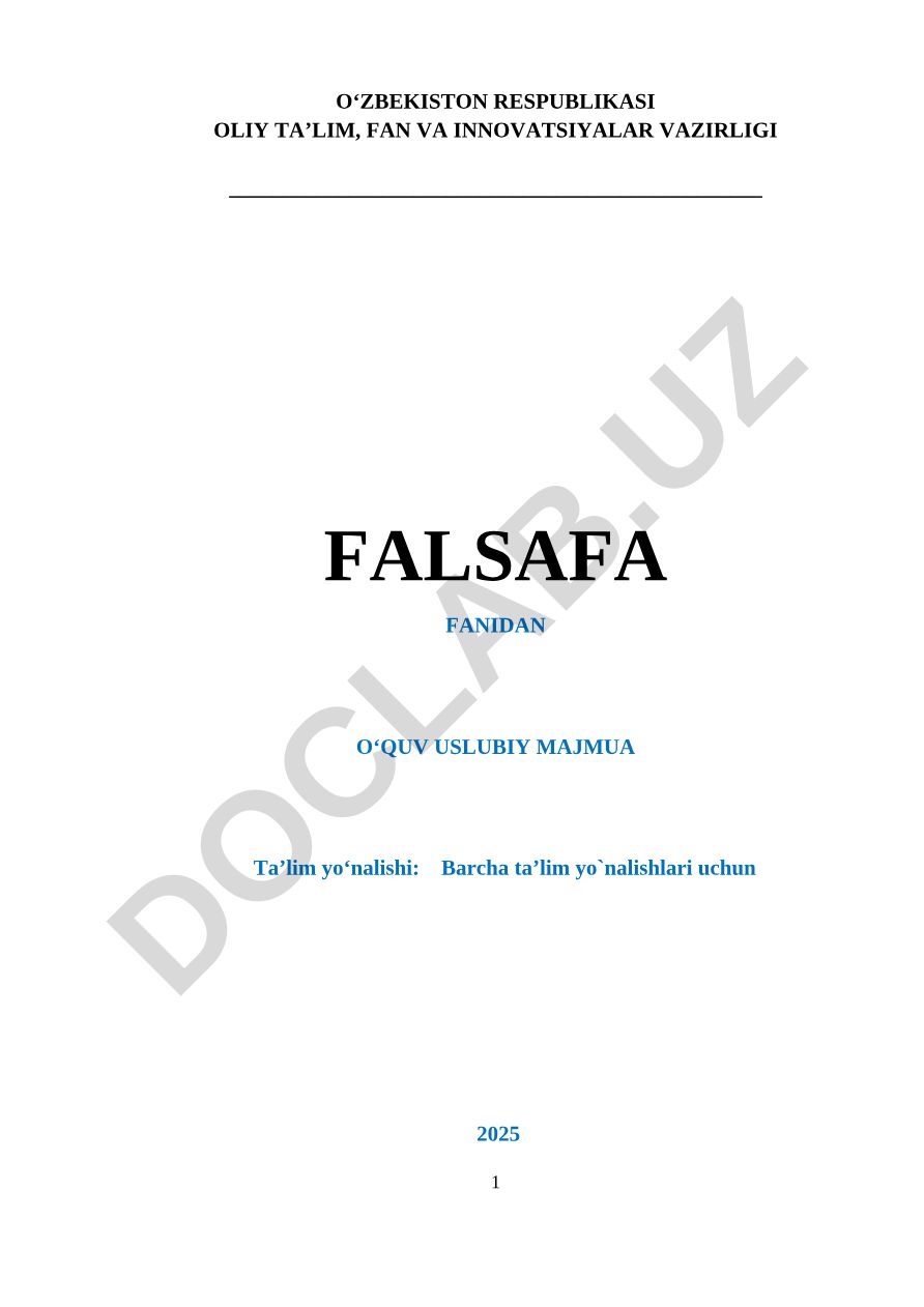 Falsafa fanidan o'quv uslubiy majmua: Falsafa va uning jamiyatdagi roli