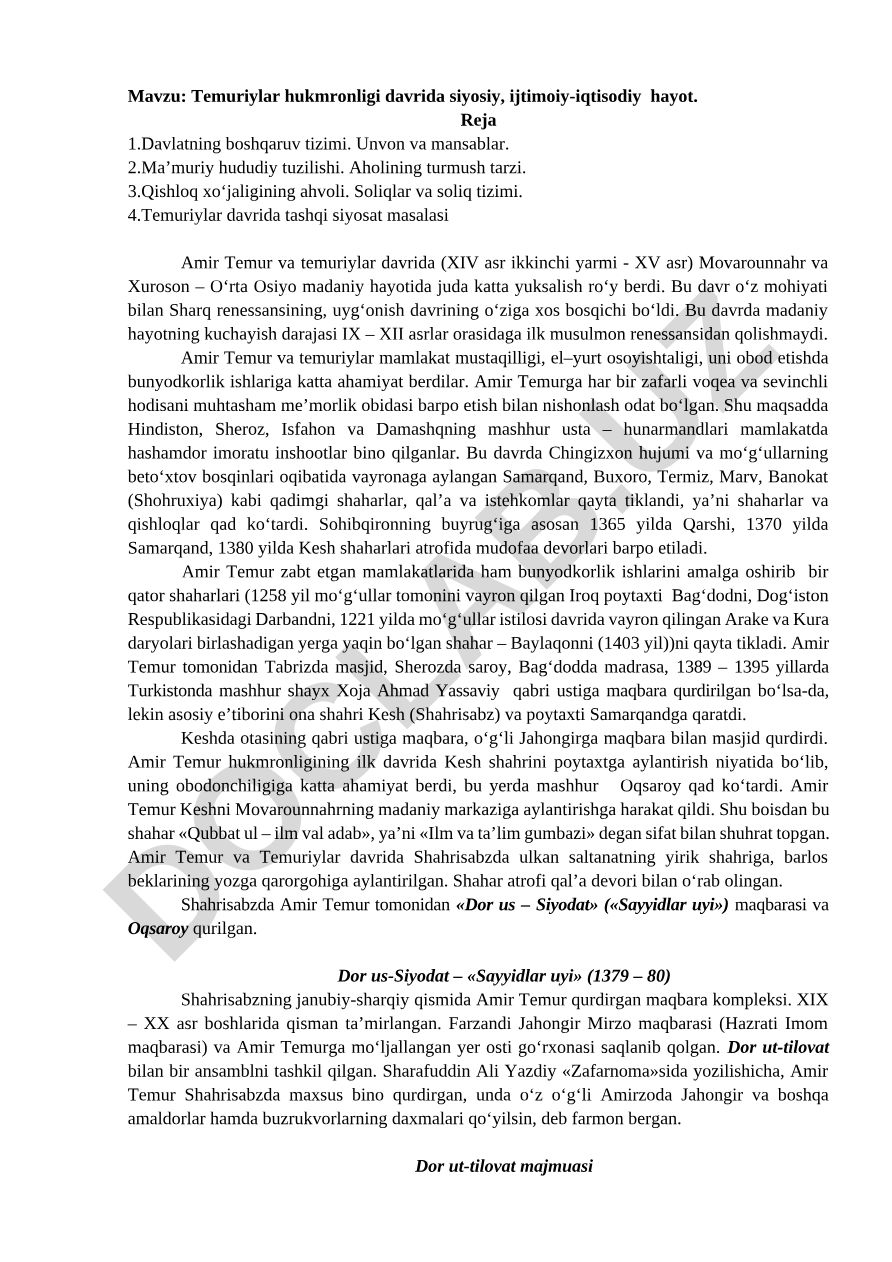 Temuriylar hukmronligi davrida siyosiy, ijtimoiy-iqtisodiy hayot