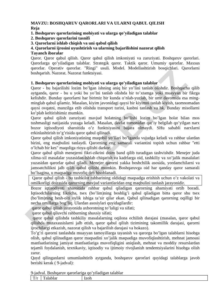 Boshqaruv qarorlari va ularni qabul qilish