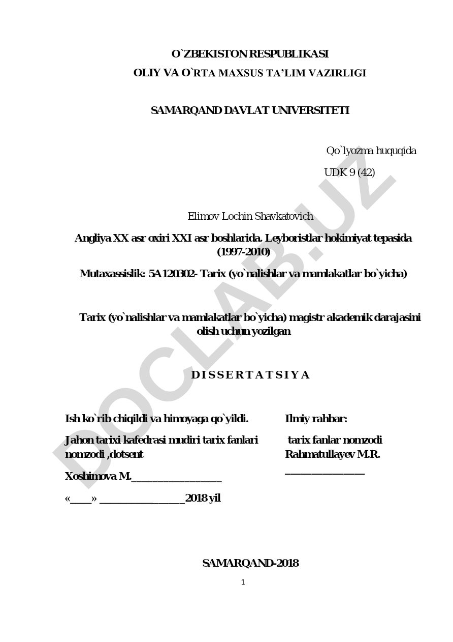 Angliya XX asr oxiri XXI asr boshlarida Leyboristlar hokimiyat tepasida (1997-2010)