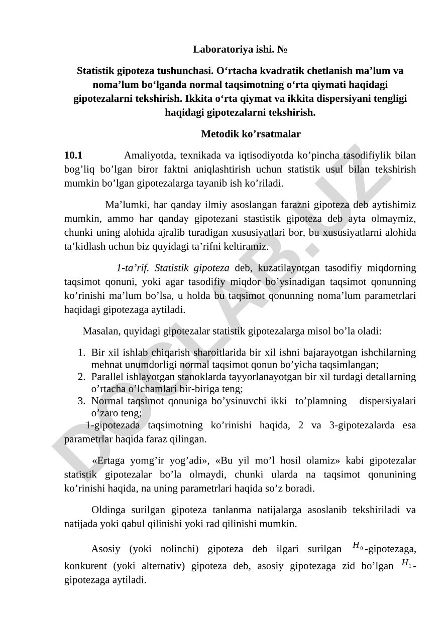 Statistik gipoteza tushunchasi va normal taqsimot parametrlarini tekshirish
