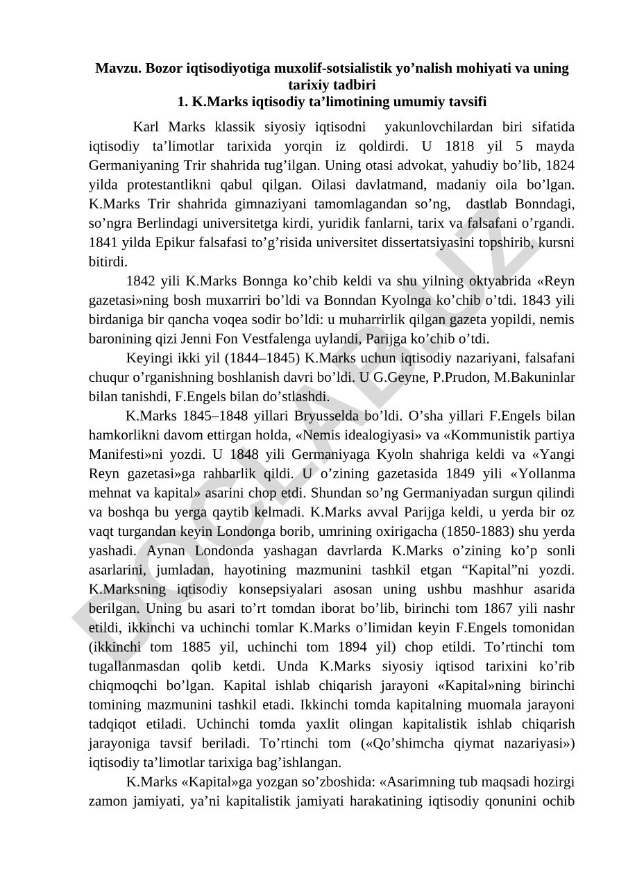 Bozor iqtisodiyotiga muxolif-sotsialistik yo’nalish mohiyati va uning tarixiy tadbiri