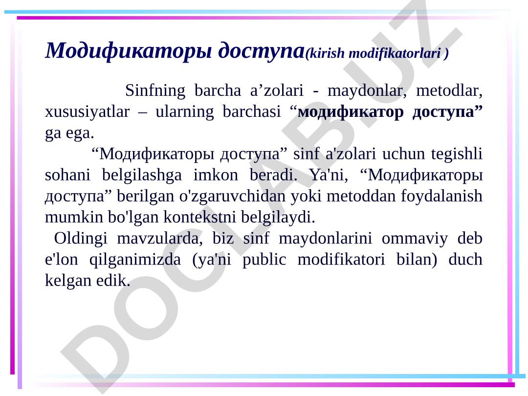 C# dasturlash tilida kirish modifikatorlari