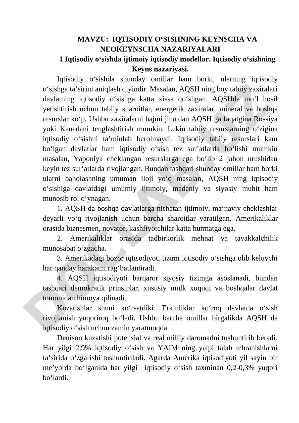 Iqtisodiy o'sish nazariyalari kurs ishi