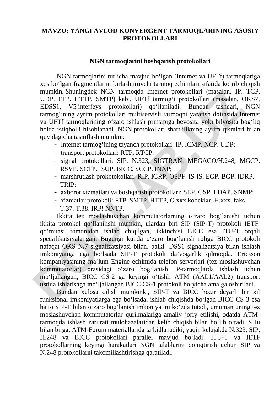 YANGI AVLOD KONVERGENT TARMOQLARINING ASOSIY PROTOKOLLARI