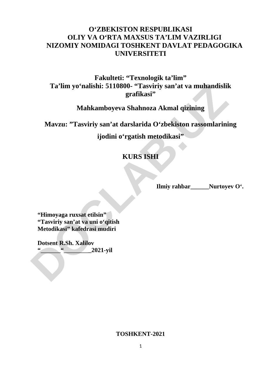 Tasviriy san'at darslarida O'zbekiston rassomlarining ijodini o'rgatish metodikasi