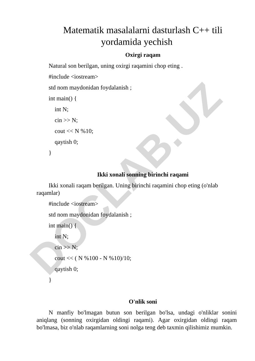 C++ dasturlash tilida matematik masalalarni yechish