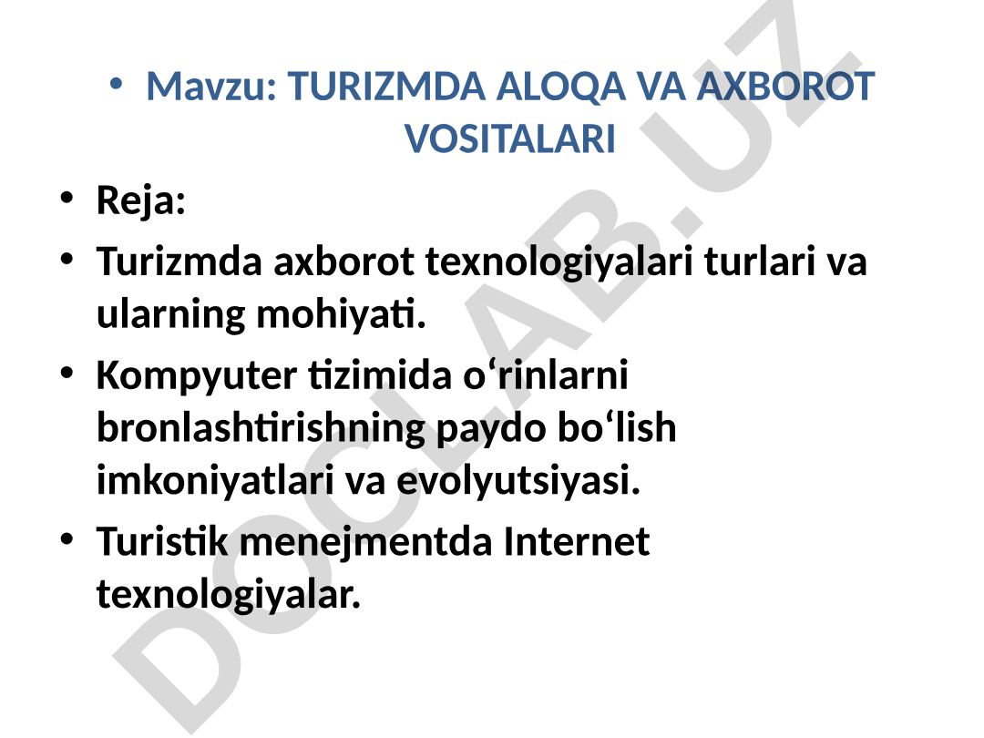 TURIZMDA ALOQA VA AXBOROT VOSITALARI