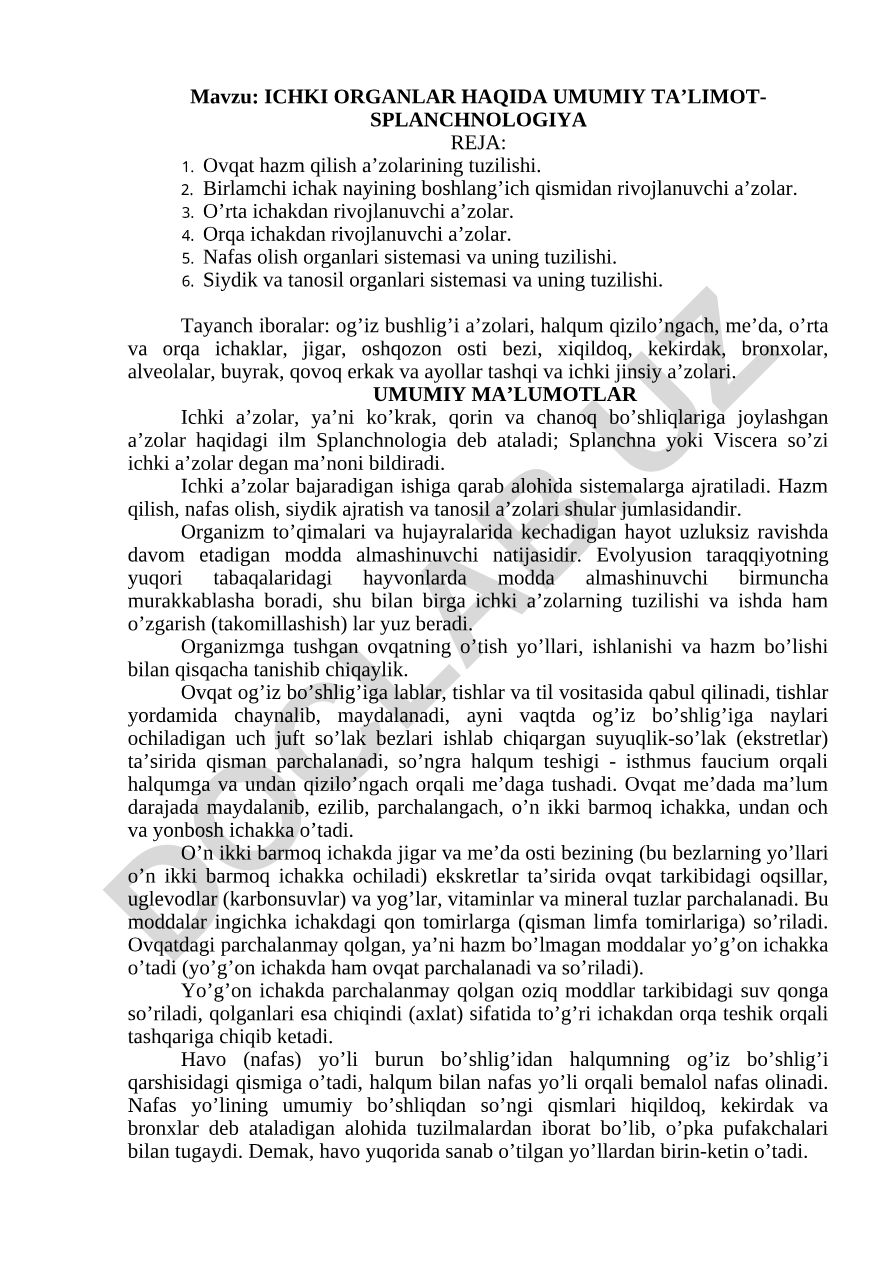ICHKI ORGANLAR HAQIDA UMUMIY TA’LIMOT-SPLANCHNOLOGIYA