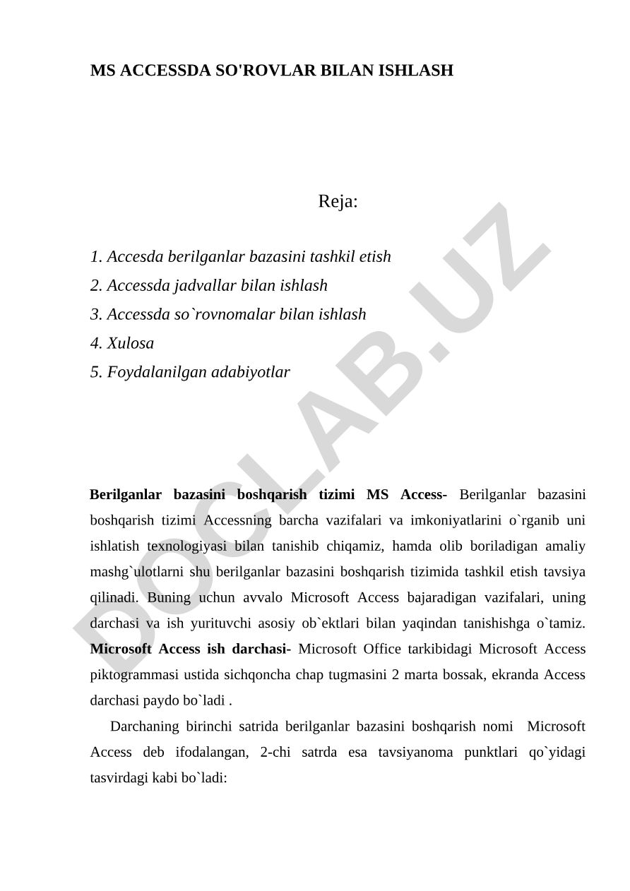 MS Accessda so'rovlar bilan ishlash