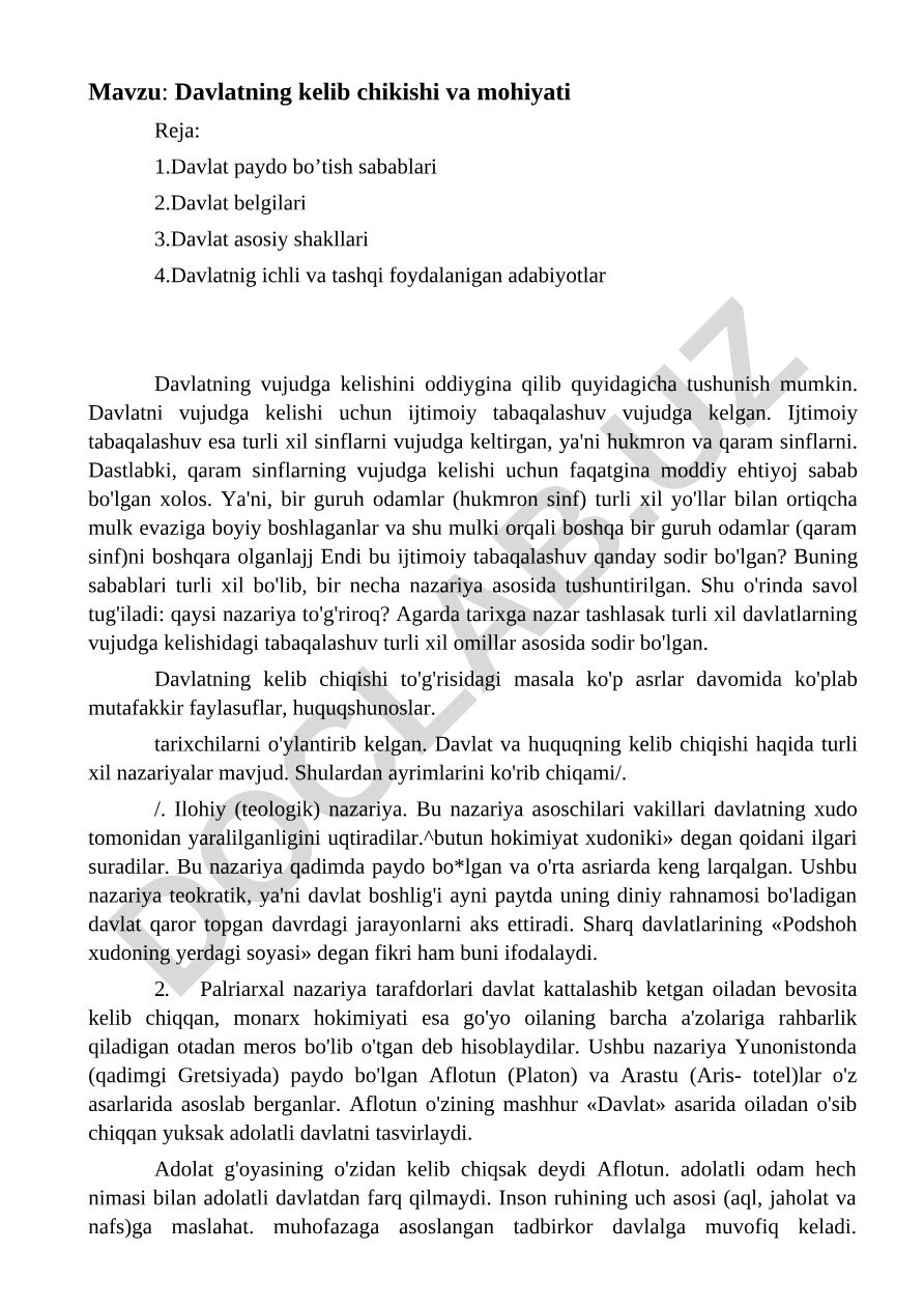 Davlatning kelib chikishi va mohiyati