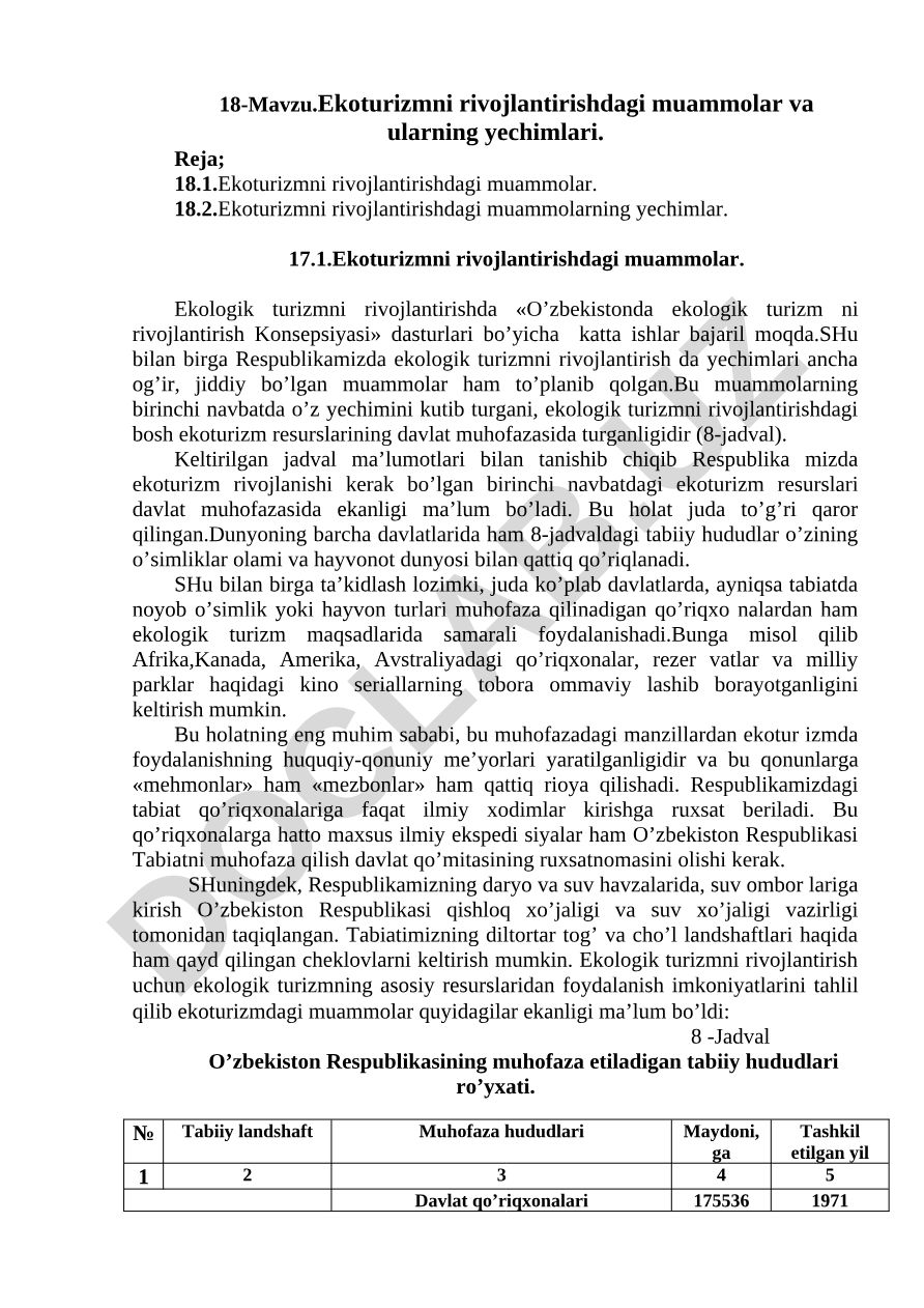 Ekoturizmni rivojlantirishdagi muammolar va ularning yechimlari