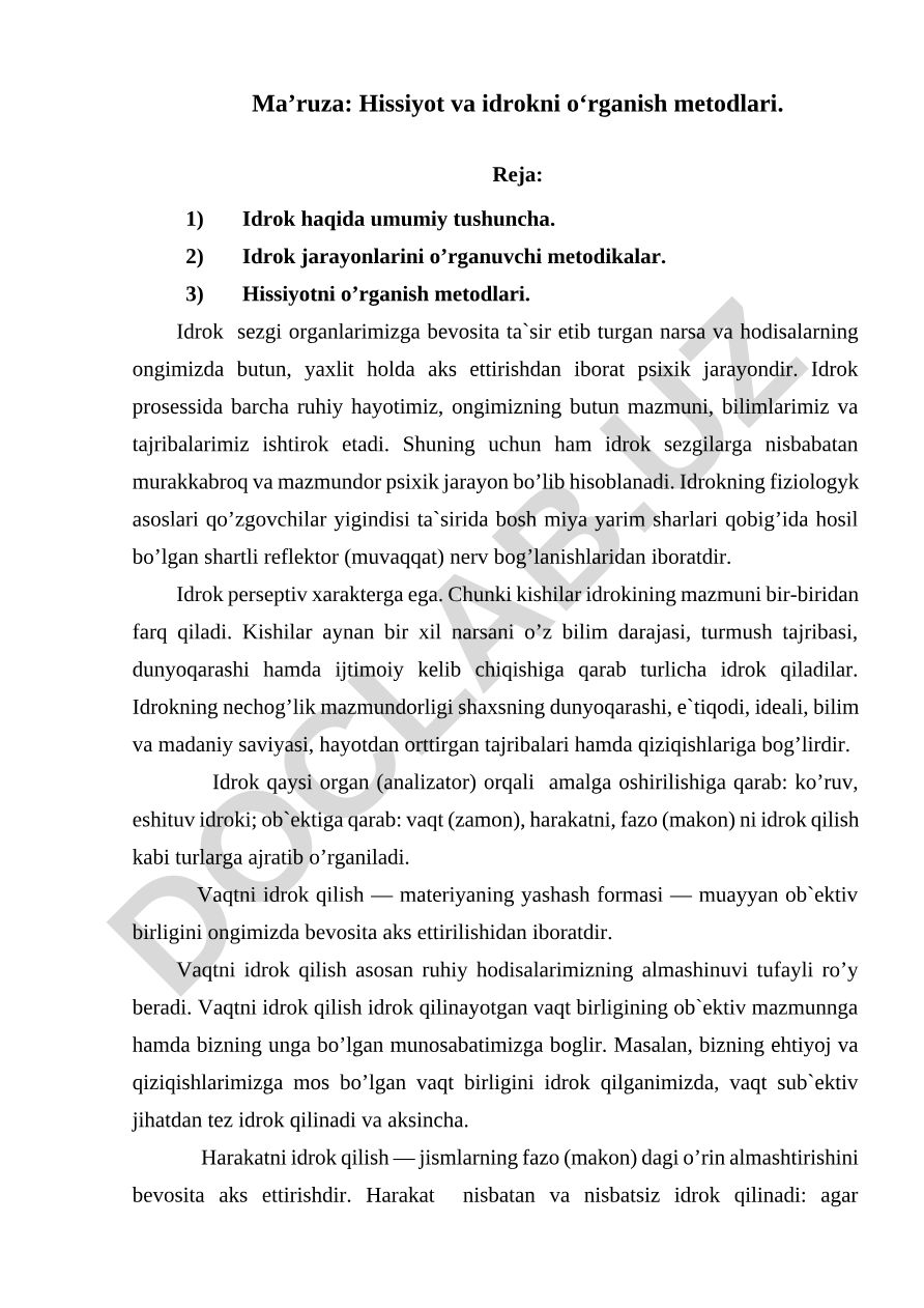 Hissiyot va idrokni o‘rganish metodlari