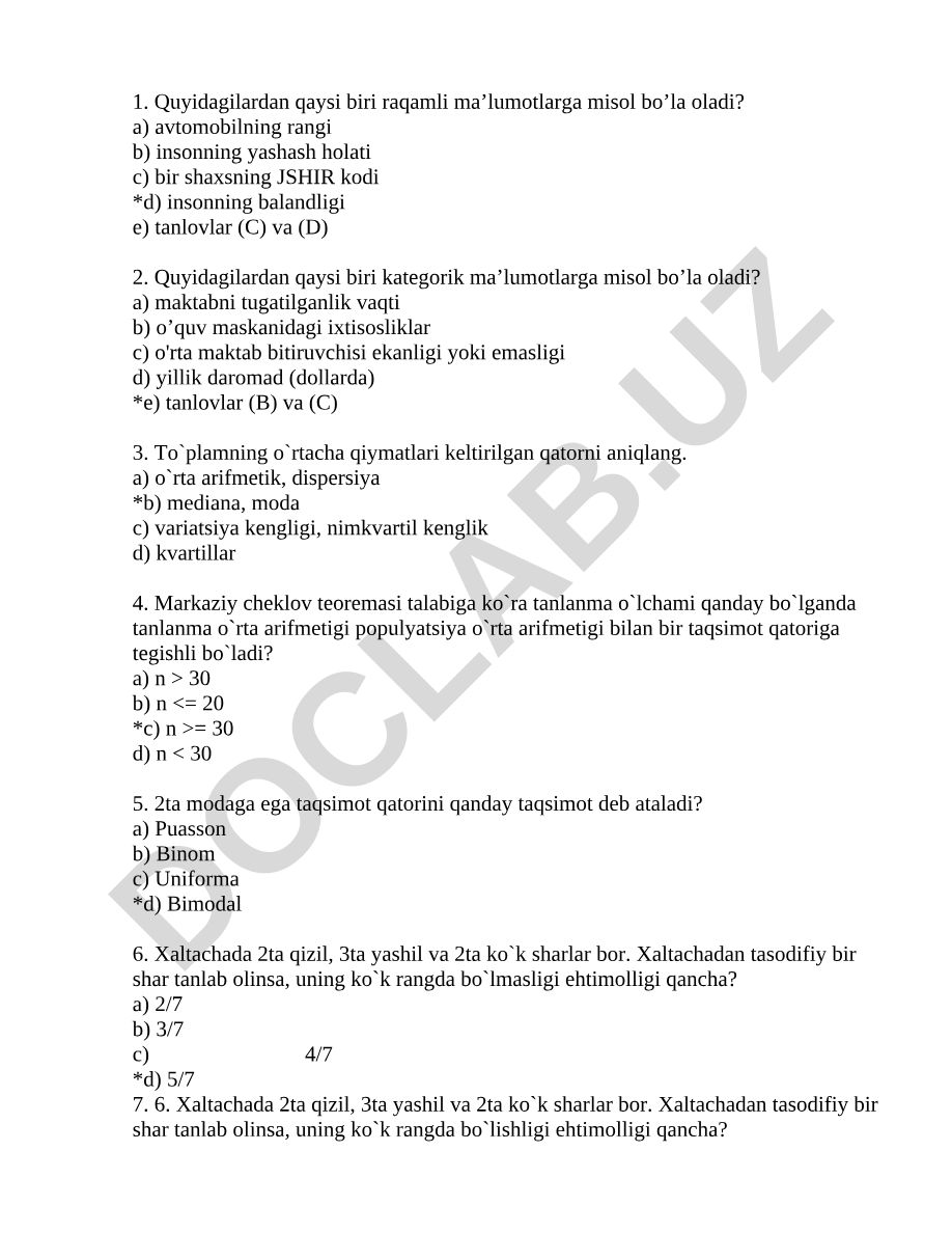 Statistika va ehtimollik nazariyasiga oid test savollari