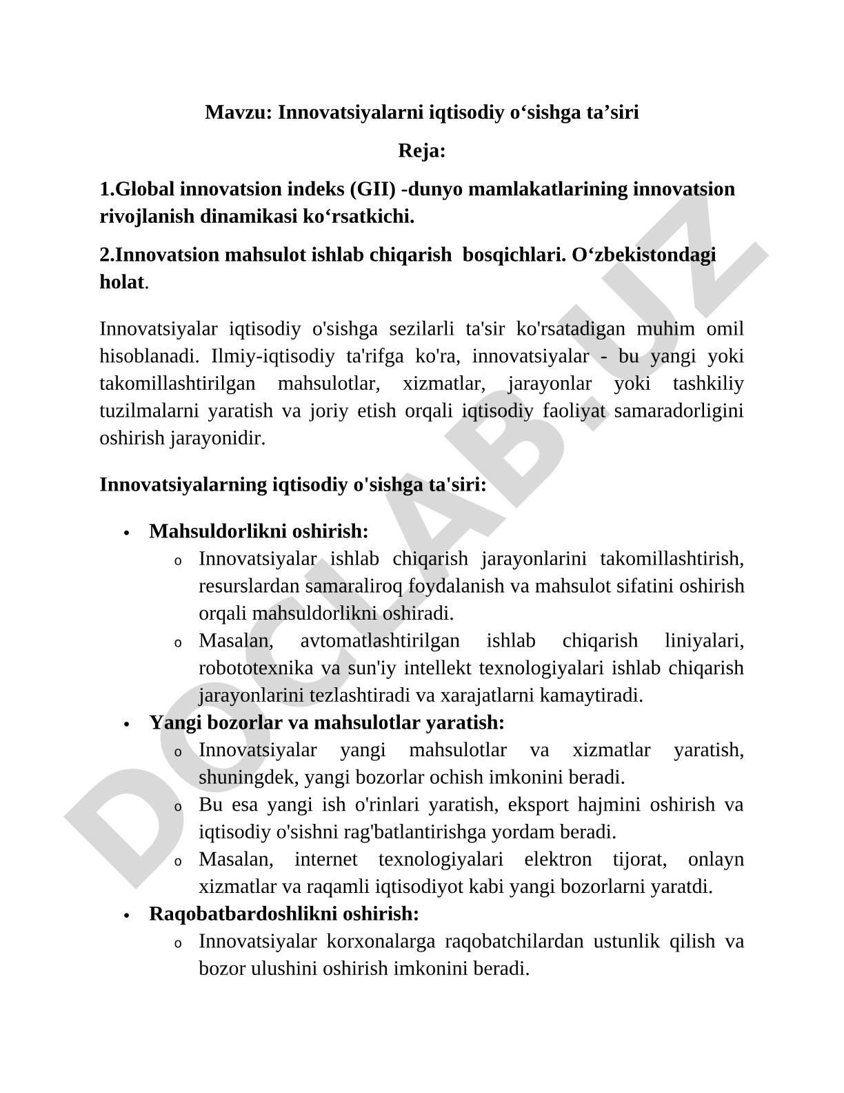 Innovatsiyalarni iqtisodiy o‘sishga ta’siri kurs ishi