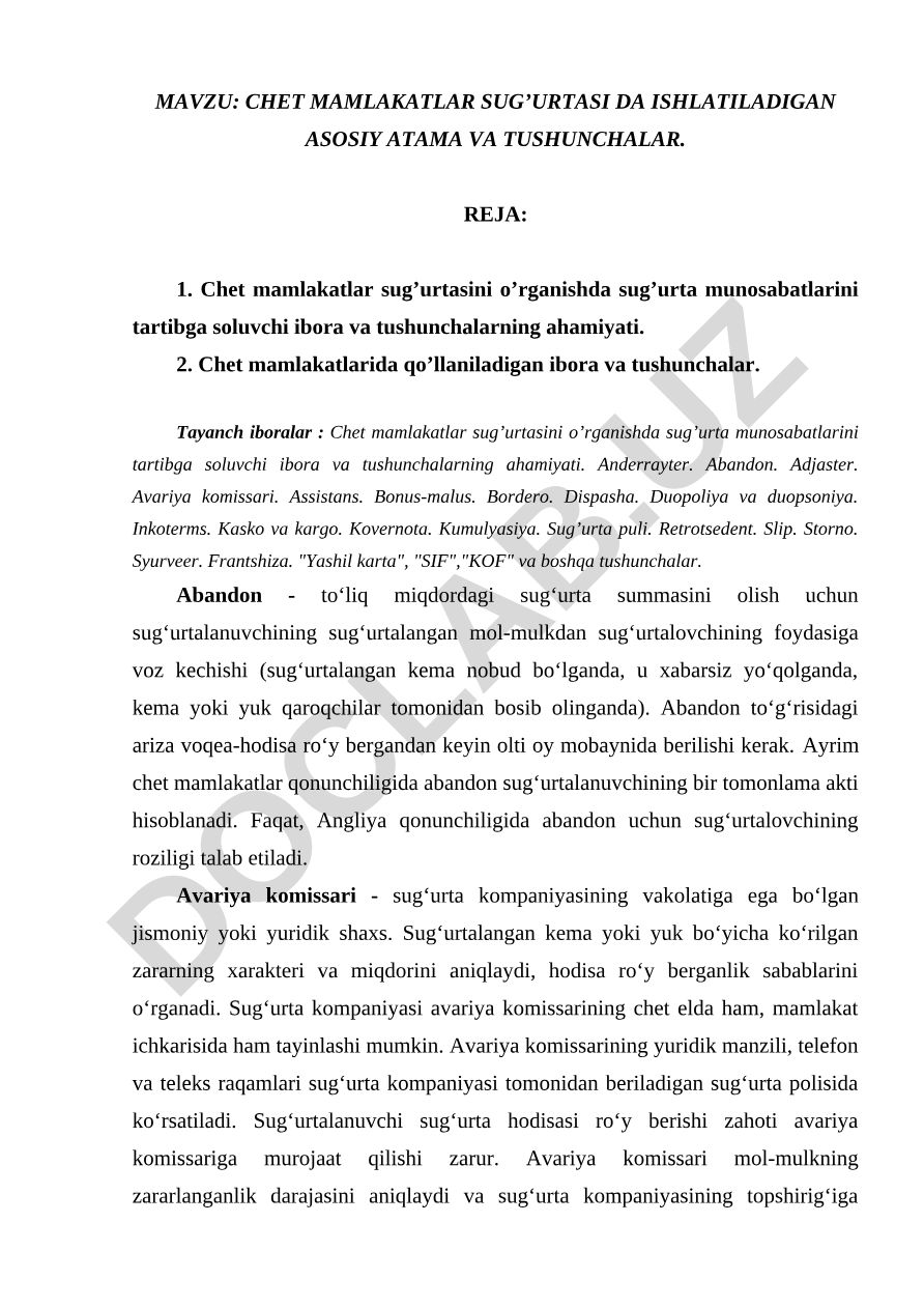 Chet mamlakatlar sugʼurtasida ishlatiladigan asosiy atama va tushunchalar