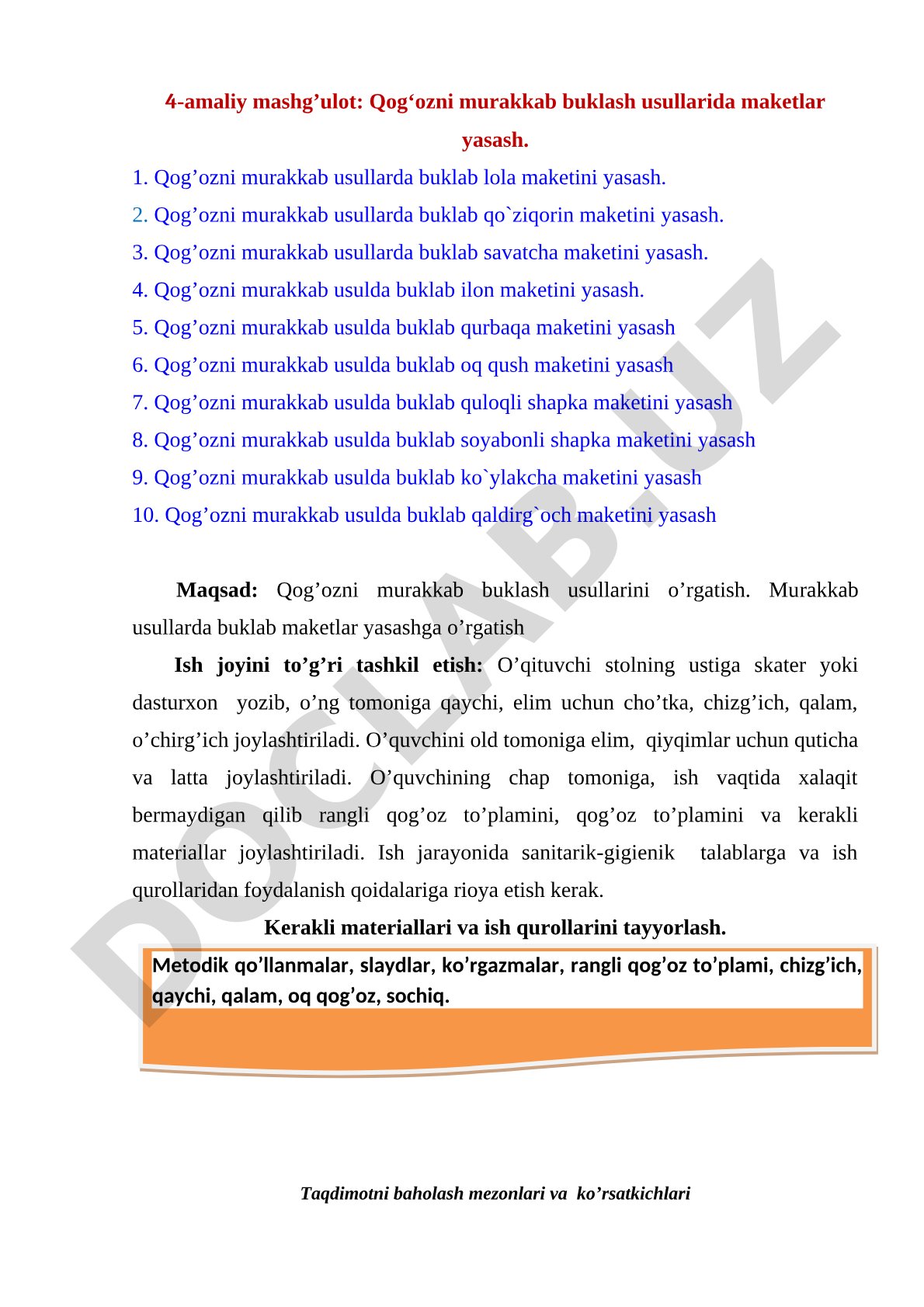 Qog'ozni murakkab buklash usullarida maketlar yasash