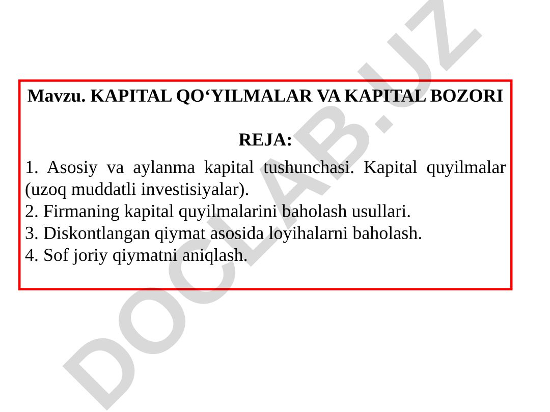 Kapital qoʻyilmalar va kapital bozori
