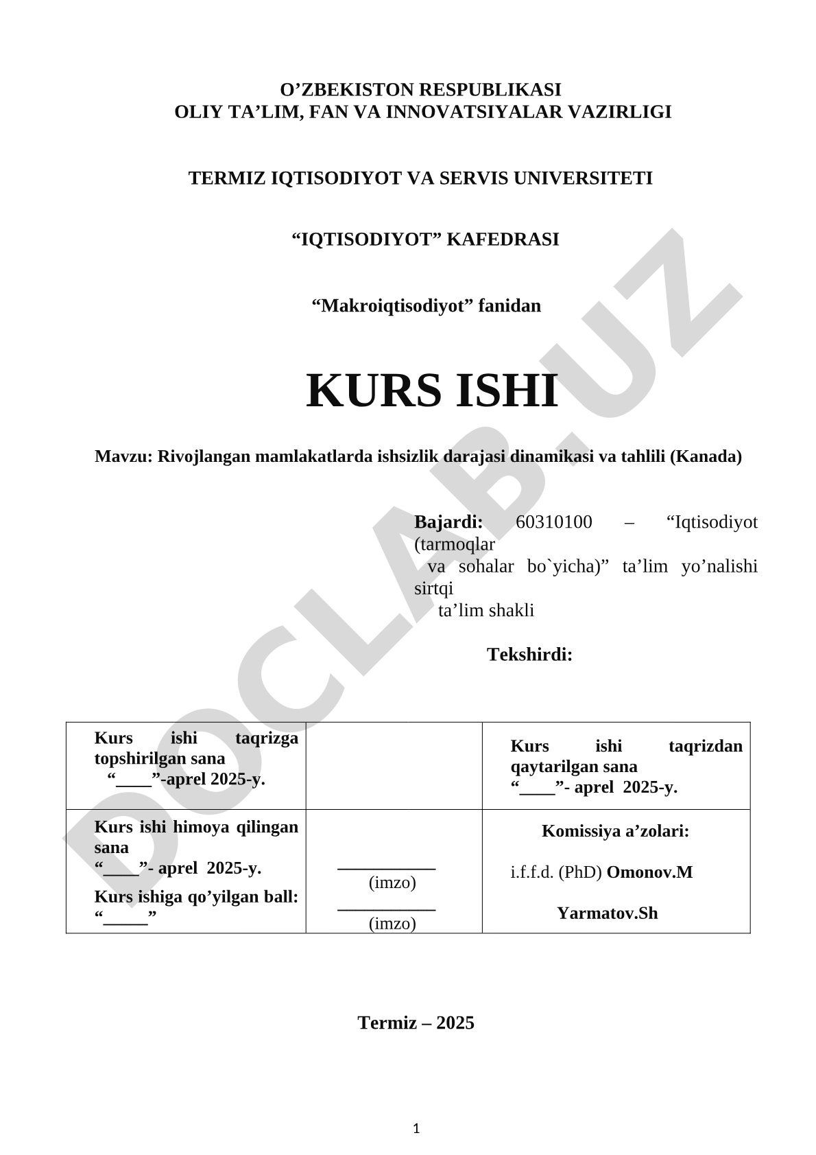 Kanada ishsizlik darajasi kurs ishi