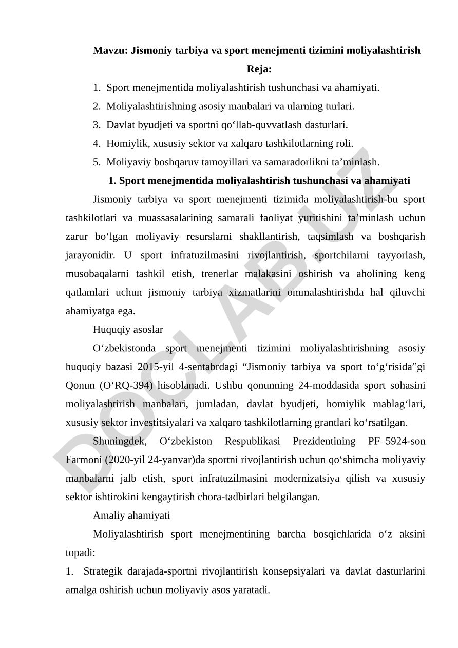Jismoniy tarbiya va sport menejmenti tizimini moliyalashtirish