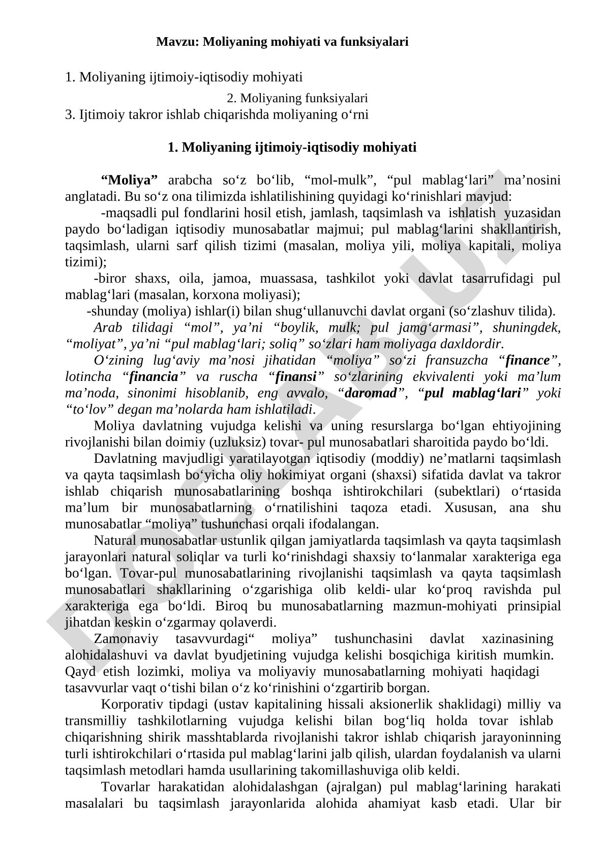 Moliyaning mohiyati va funksiyalari hujjati