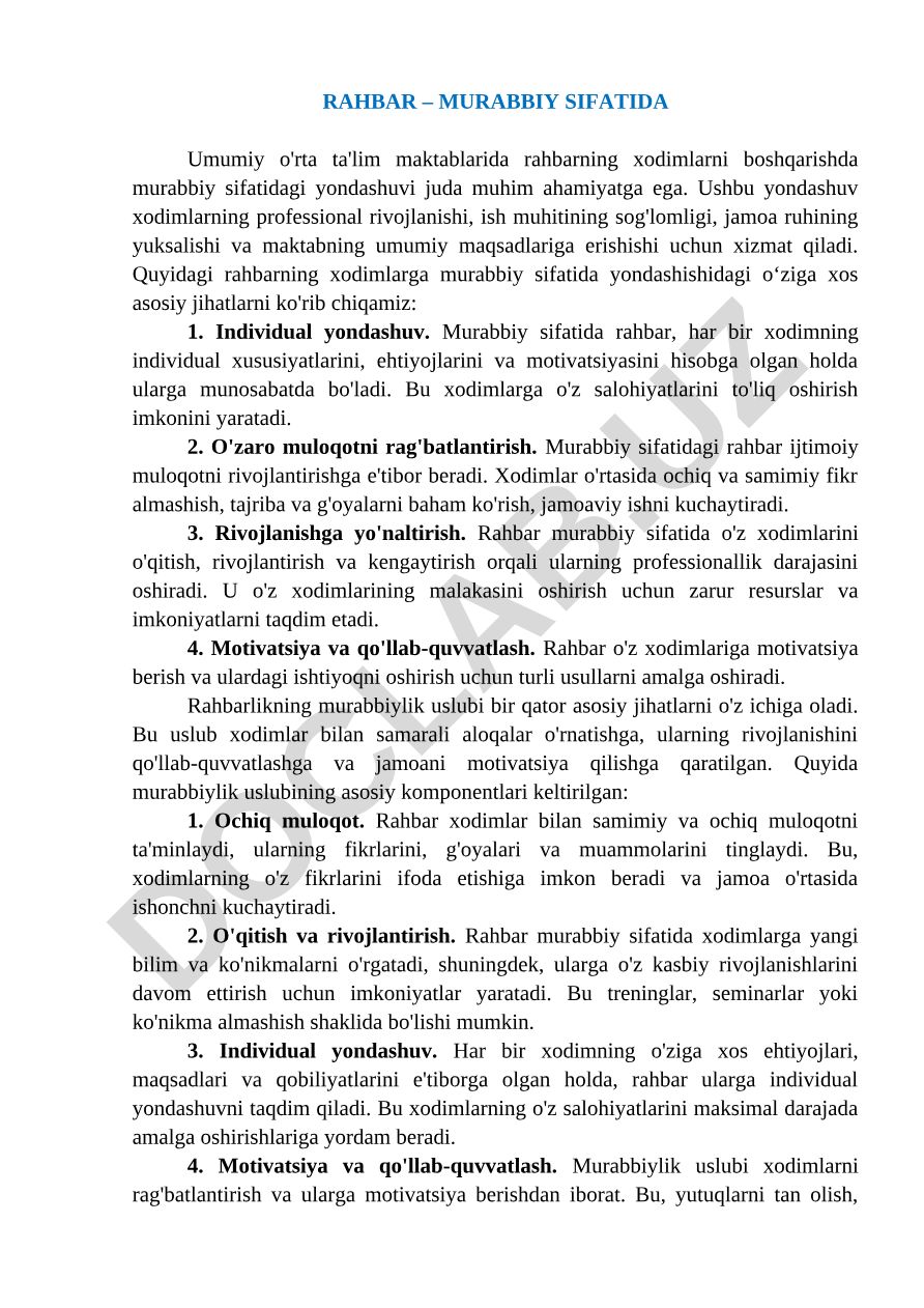 Umumiy o'rta ta'lim maktablarida rahbarning xodimlarni boshqarishda murabbiy sifatidagi yondashuvi
