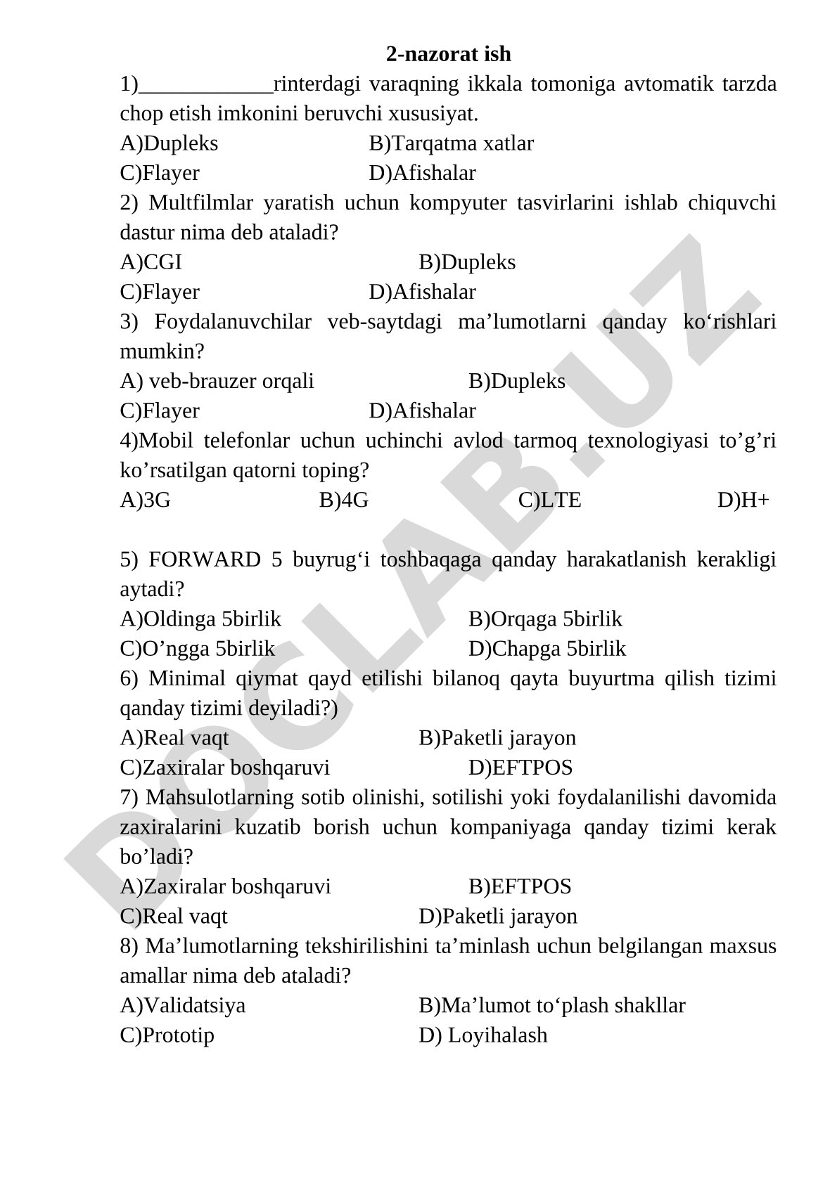 Informatika test savollari hujjati