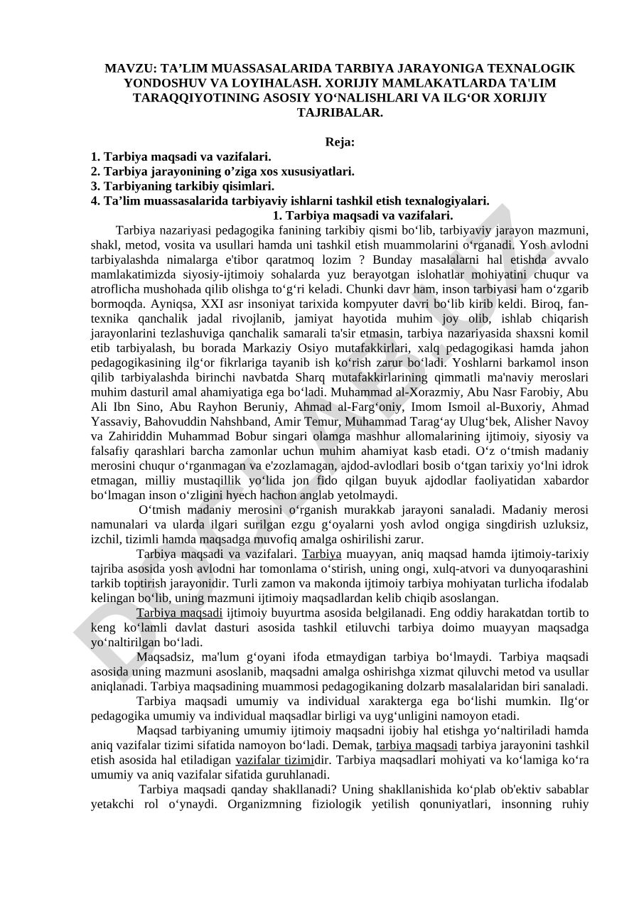 TA’LIM MUASSASALARIDA TARBIYA JARAYONIGA TEXNALOGIK YONDOSHUV VA LOYIHALASH. XORIJIY MAMLAKATLARDA TA'LIM TARAQQIYOTINING ASOSIY YO‘NALISHLARI VA ILG‘OR XORIJIY TAJRIBALAR