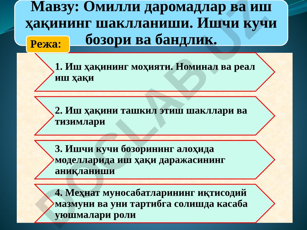 Омилли даромадлар ва иш ҳақининг шаклланиши. Ишчи кучи бозори ва бандлик