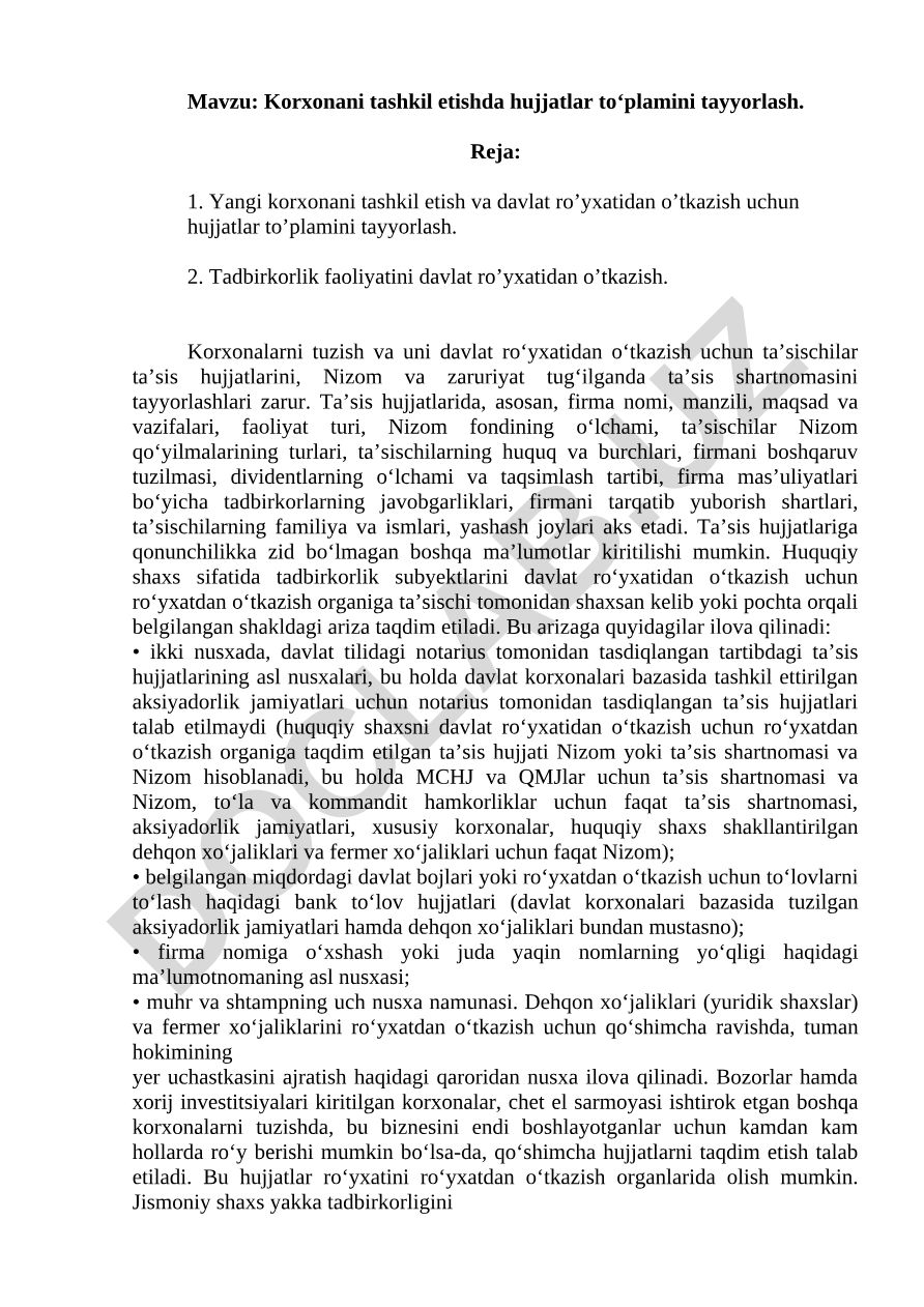 Korxonani tashkil etishda hujjatlar to‘plamini tayyorlash