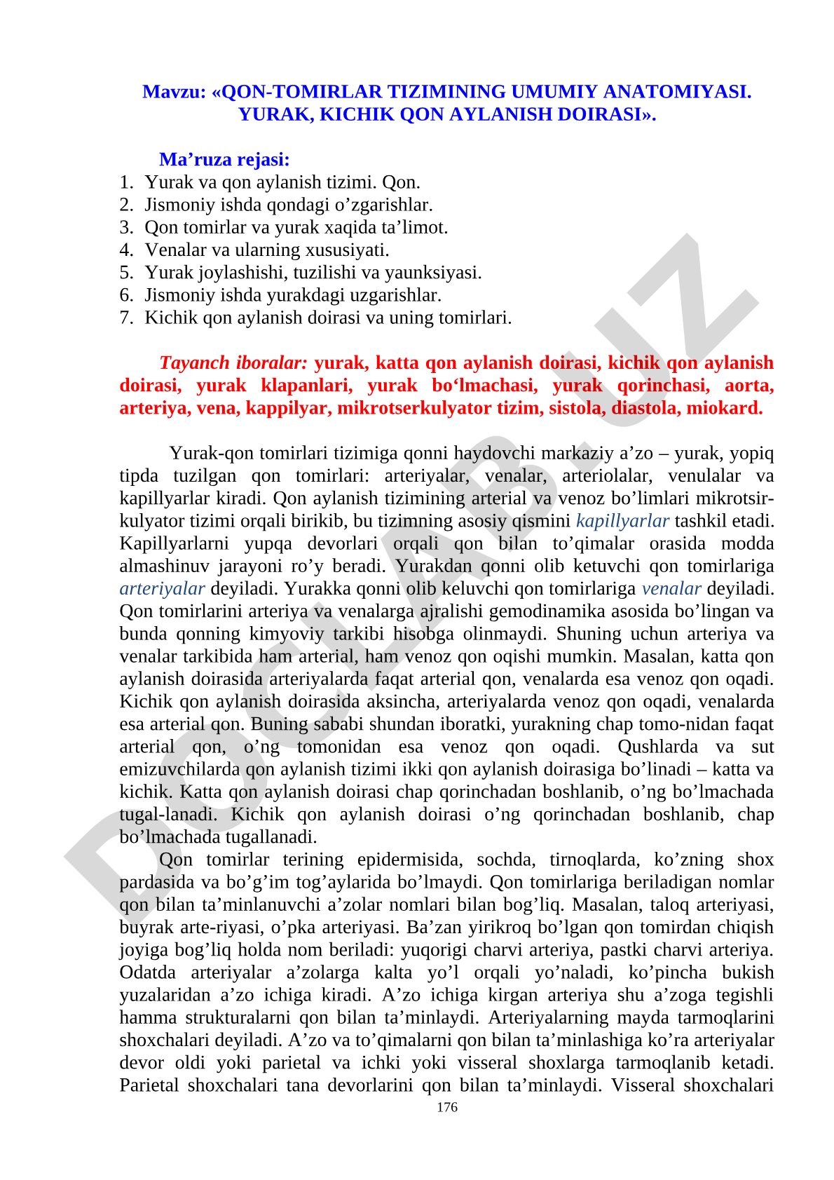 Qon-tomirlar tizimining umumiy anatomiyasi. Yurak, kichik qon aylanish doirasi