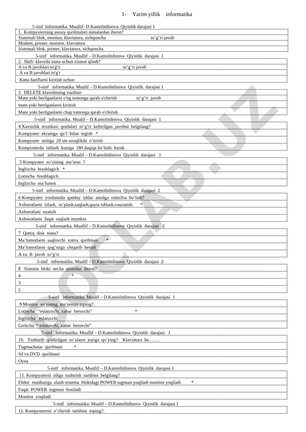 1-yarim yillik informatika 5-sinf test savollari