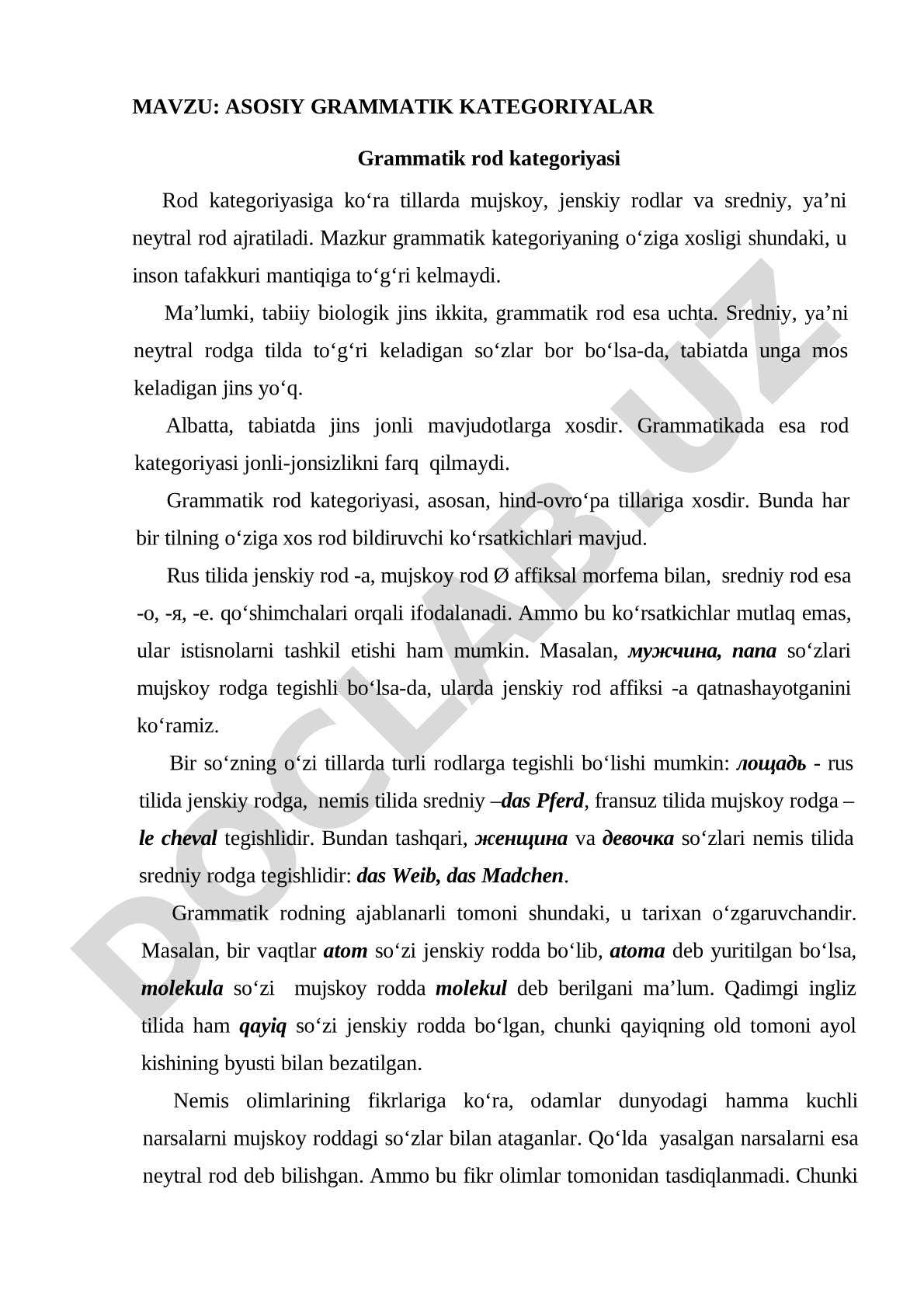 Asosiy grammatik kategoriyalar: grammatik rod kategoriyasi