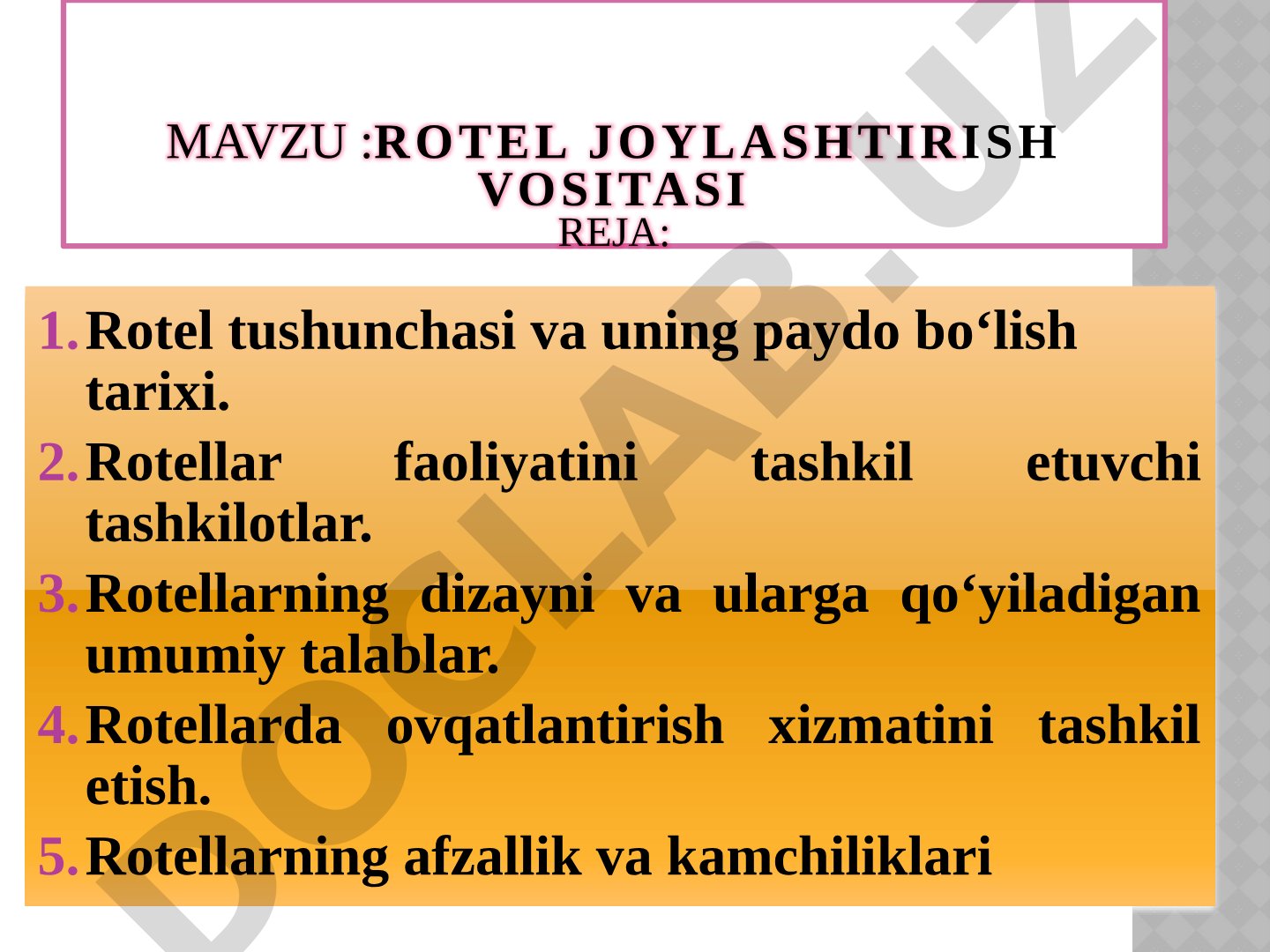 Rotel joylashtirish vositasi taqdimoti
