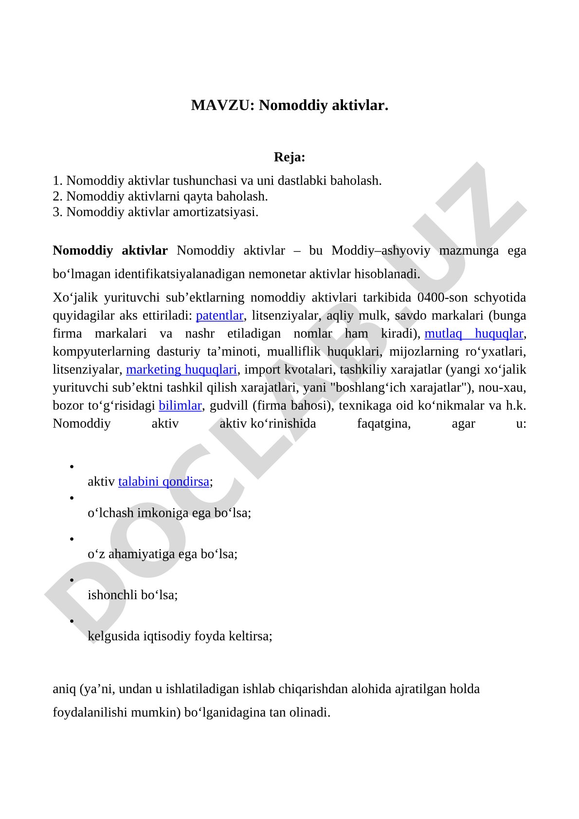 Nomoddiy aktivlar kurs ishi