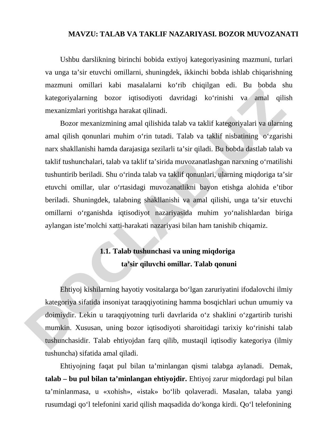Talab va taklif nazariyasi. Bozor muvozanati